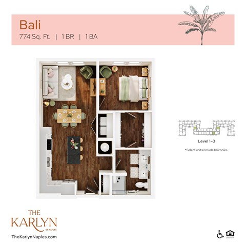 Floor plan for 1 bed, 1 bath, 774 sqft
